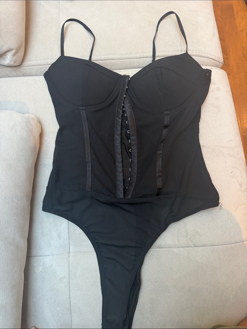 Black Bustier-Style Bodysuit with Front Hook Closure